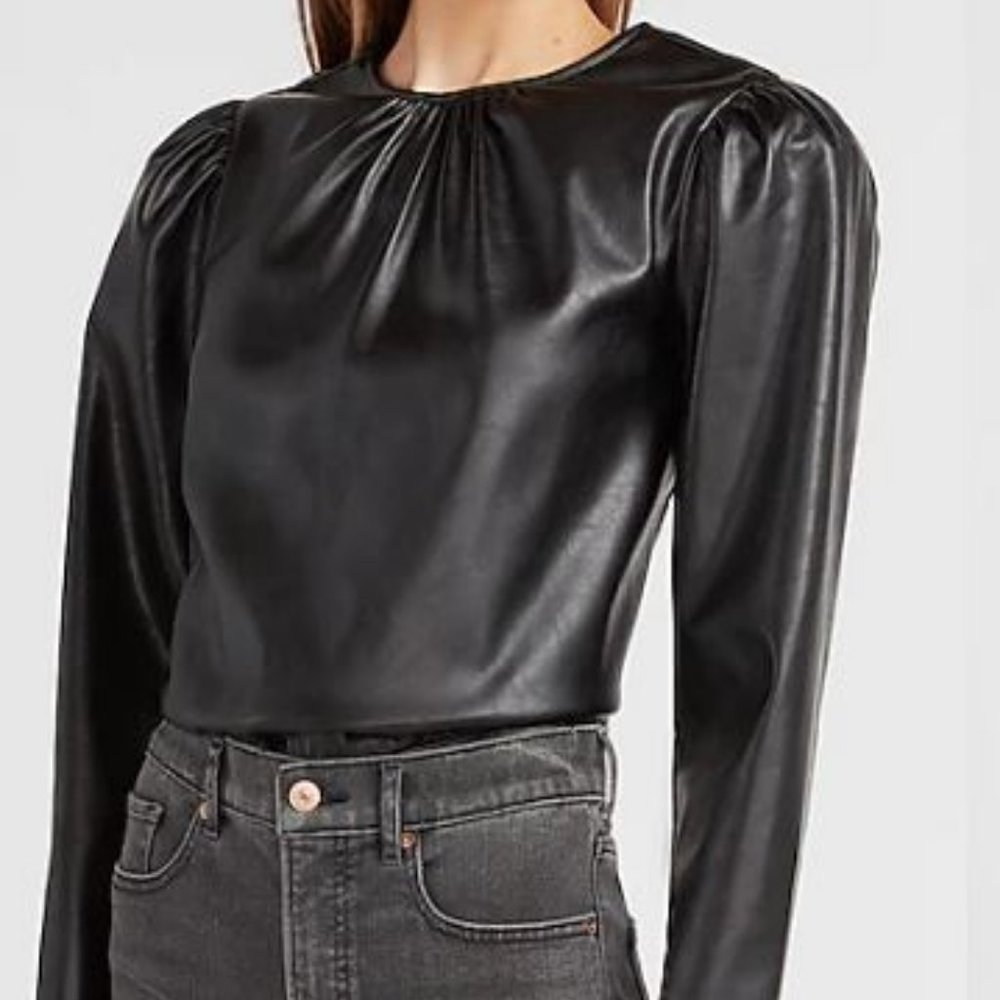 Express Vegan Leather Long Puff Sleeve Top (NWT)